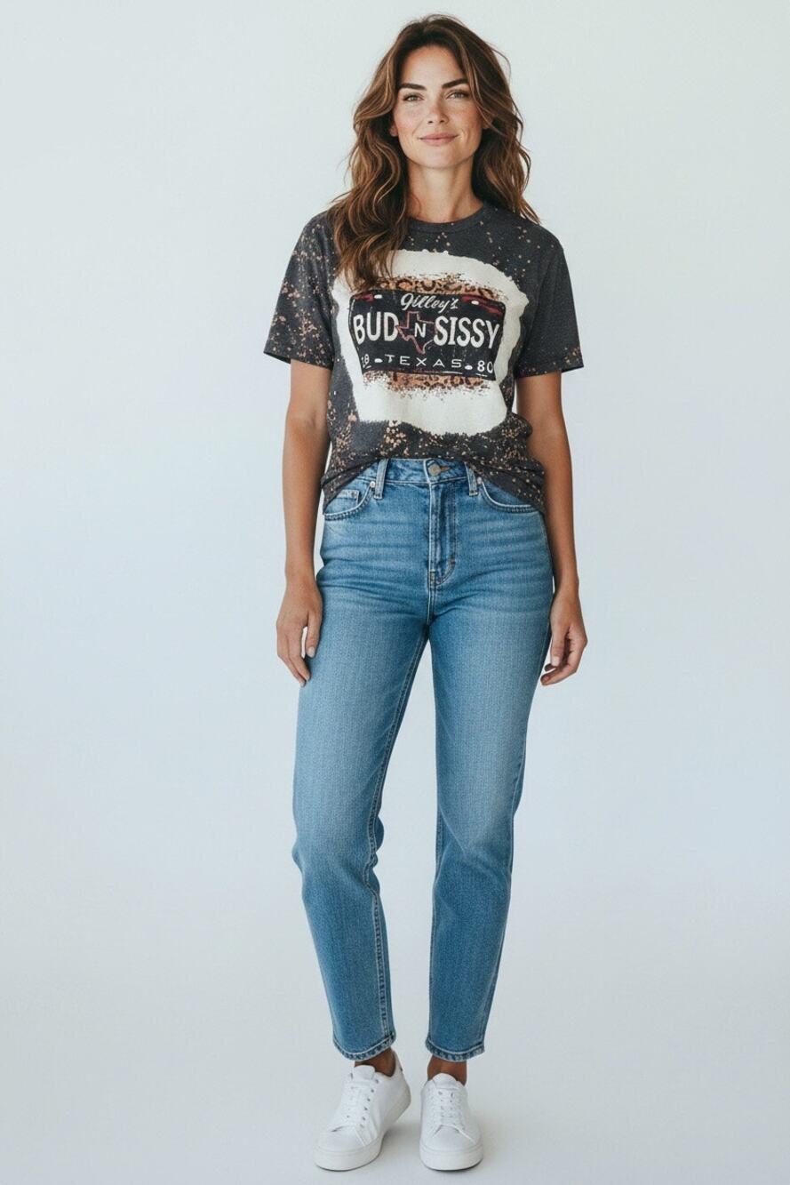Gilley's Bud N Sissy 19-Texas-80 Graphic T-Shirt Bleach Distressed - X Large